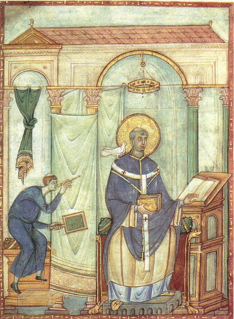 Maestro del Registrum Gregorii. Gregorio Magno siendo inspirado por el Espíritu Santo en forma de paloma, siglo X