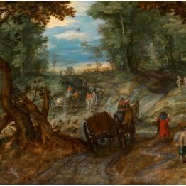 Jan Brueghel el Viejo. Bosque con carretas atravesando un arroyo y jinetes, hacia 1607. Museo Nacional del Prado
