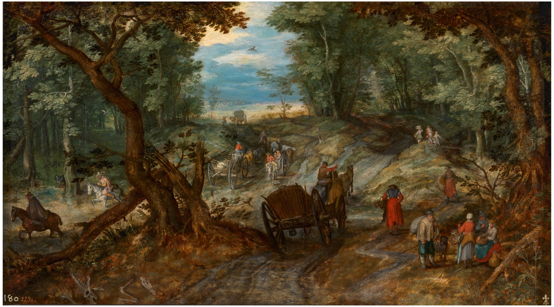 Jan Brueghel el Viejo. Bosque con carretas atravesando un arroyo y jinetes, hacia 1607. Museo Nacional del Prado 