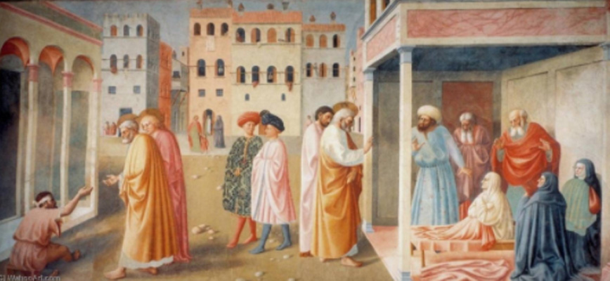 Masolino. La curación del lisiado y La resurrección de Tabita, 1425. Capilla Brancacci