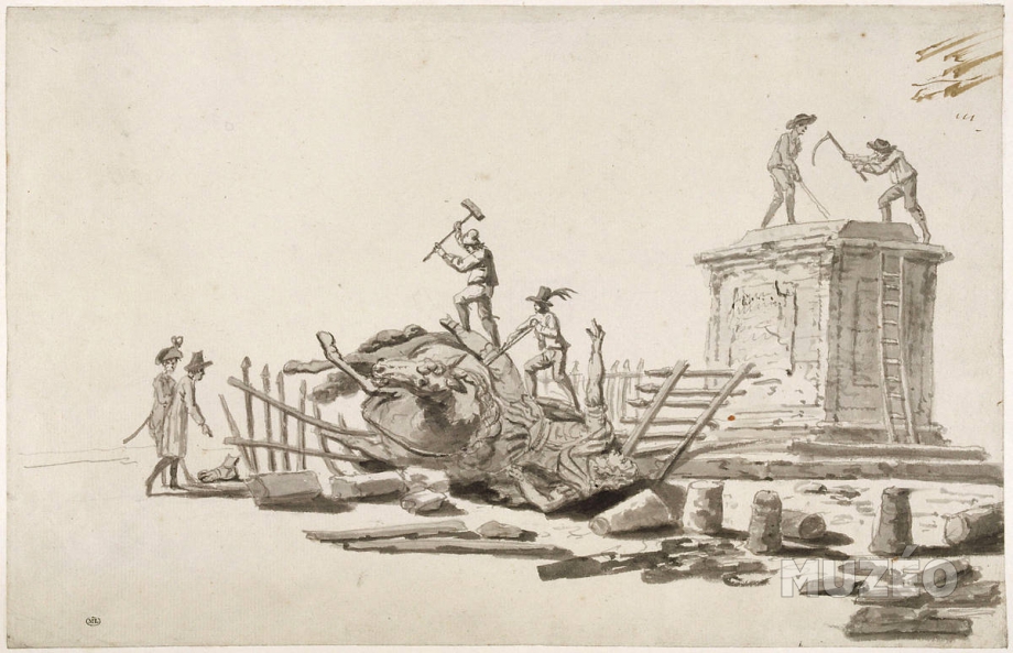 Jacques Bertaux. Destrucción de la estatua ecuestre de Luis XIV, 1792. Musée du Louvre