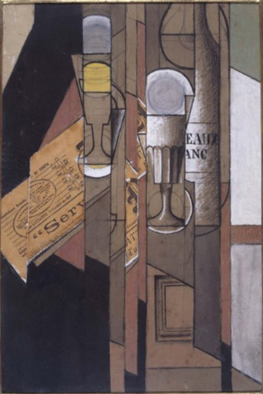 Juan Gris. Vasos, periódico y botella de vino, 1913. Colección Telefónica, Museo Reina Sofía