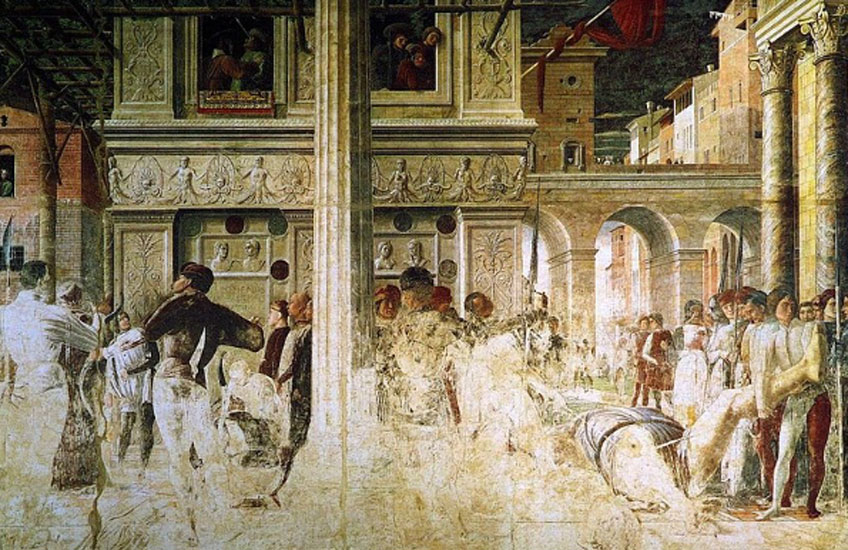 Mantegna. Martirio y traslado del cuerpo decapitado de san Cristóbal, 1454-1457. Capilla Ovetari, Padua