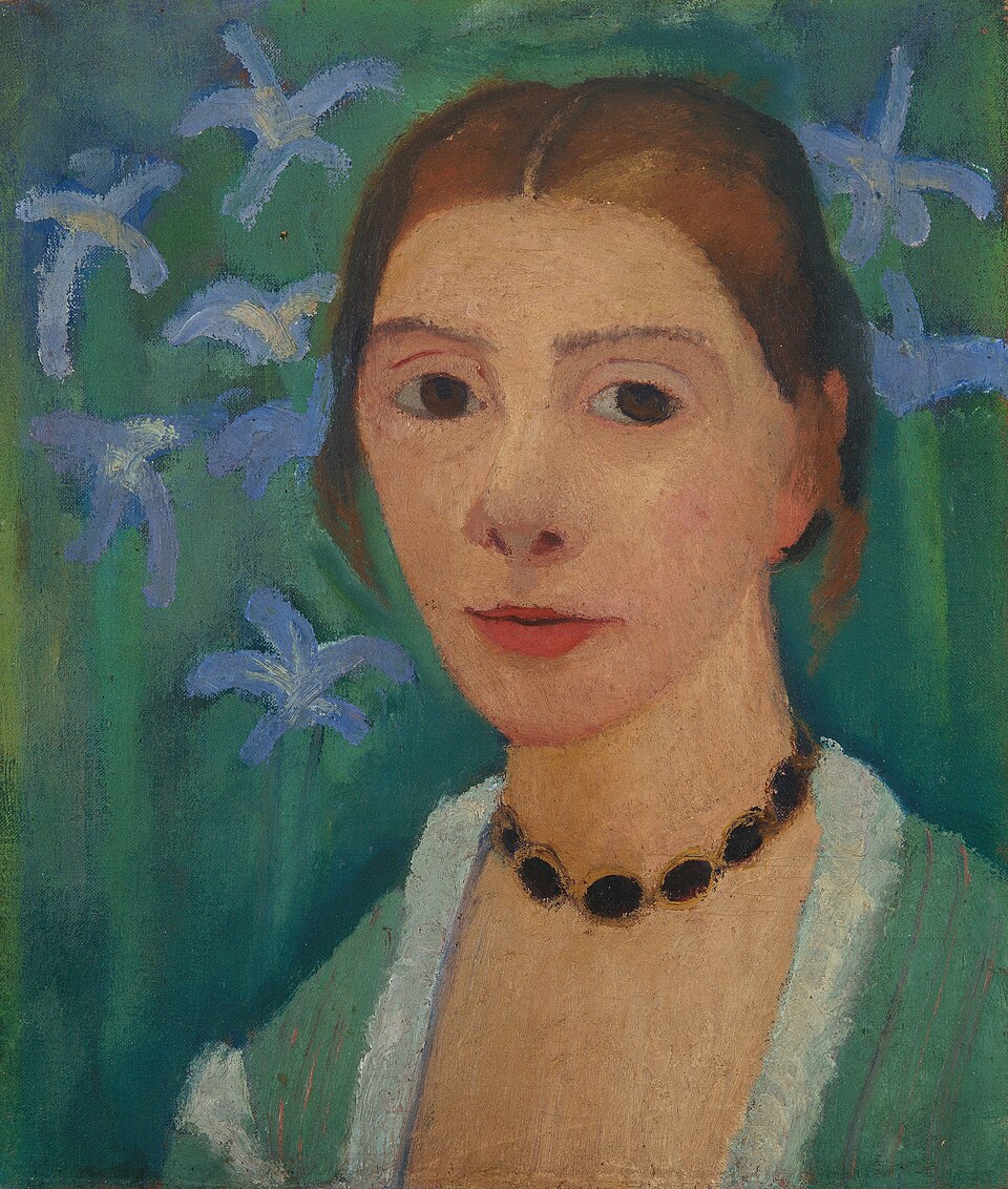 Paula Modersohn-Becker. Autorretrato frente a un fondo verde con iris azul, 1900-1907. Galería de Arte de Bremen