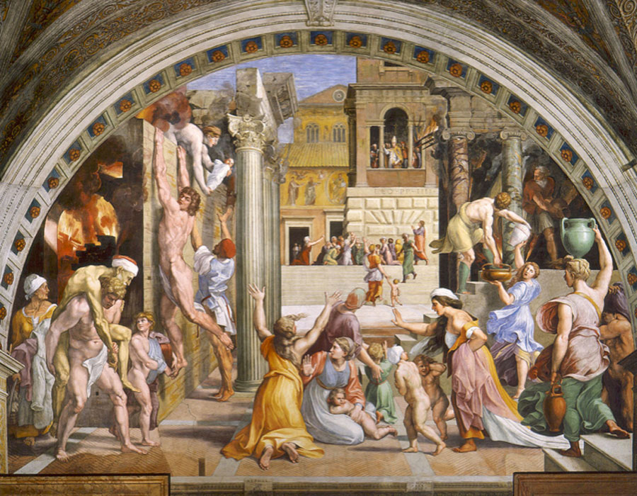 Rafael y Giulio Romano. Incendio del Borgo, hacia 1514