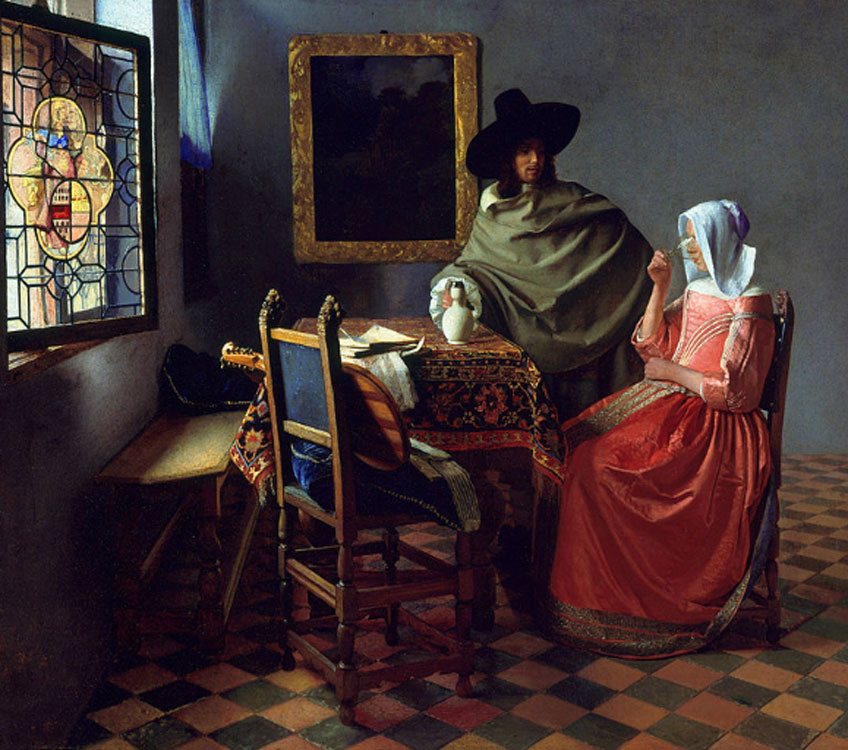 Vermeer. Caballero y dama tomando vino, hacia 1660. Gemälde Galerie, Berlín